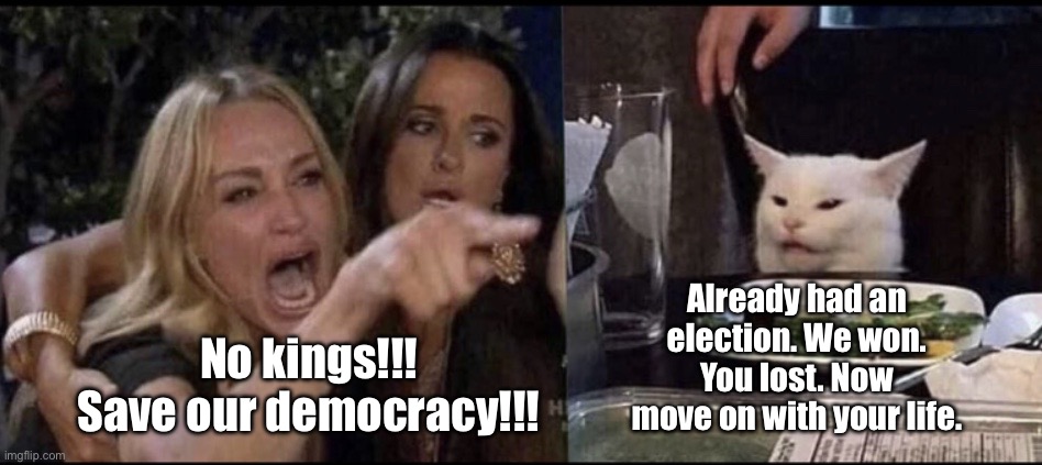 Karen Carpenter and Smudge Cat | Already had an election. We won. You lost. Now move on with your life. No kings!!! Save our democracy!!! | image tagged in karen carpenter and smudge cat | made w/ Imgflip meme maker