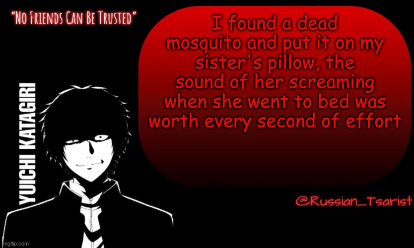 Russian_Tsarist_8 Yuichi Katagiri announcement temp | I found a dead mosquito and put it on my sister's pillow, the sound of her screaming when she went to bed was worth every second of effort | image tagged in russian_tsarist_8 yuichi katagiri announcement temp | made w/ Imgflip meme maker