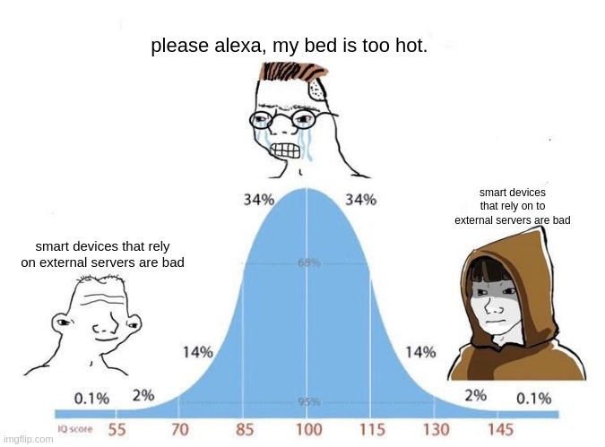 Bell Curve | please alexa, my bed is too hot. smart devices that rely on to external servers are bad; smart devices that rely on external servers are bad | image tagged in bell curve | made w/ Imgflip meme maker