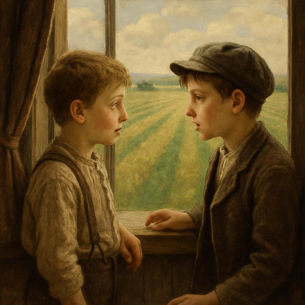Two olden day boys talking to eachother while looking out the wi Blank Meme Template