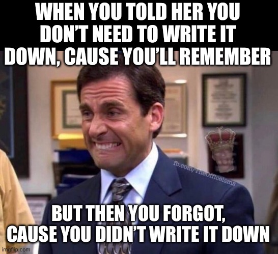 WHEN YOU TOLD HER YOU DON’T NEED TO WRITE IT DOWN, CAUSE YOU’LL REMEMBER; BUT THEN YOU FORGOT, CAUSE YOU DIDN’T WRITE IT DOWN | image tagged in fun | made w/ Imgflip meme maker