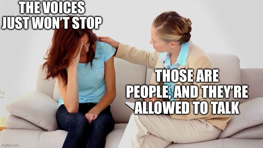 Who gave them the right to talk? | THE VOICES JUST WON’T STOP; THOSE ARE PEOPLE, AND THEY’RE ALLOWED TO TALK | image tagged in therapist,voices,people | made w/ Imgflip meme maker