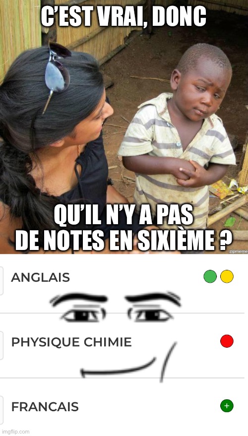 Black kid - pas de notes en Sixième | C’EST VRAI, DONC; QU’IL N’Y A PAS DE NOTES EN SIXIÈME ? | image tagged in black kid,school,grades,parents,kids | made w/ Imgflip meme maker