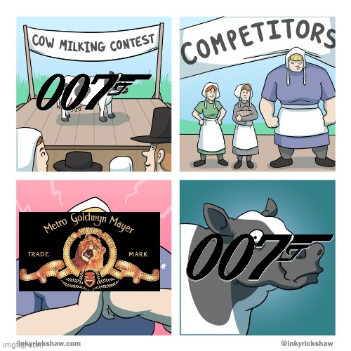 cow milking contest | image tagged in cow milking contest,james bond,mgm,007,metro goldwyn mayer,amazon | made w/ Imgflip meme maker