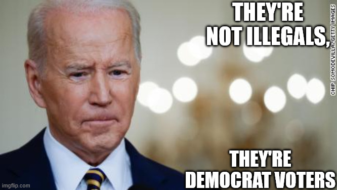 WHAT A CONCEPT  JOEY! | THEY'RE NOT ILLEGALS, THEY'RE DEMOCRAT VOTERS | image tagged in joe biden,prove me wrong,corn pop,democrat voters,well yes outstanding move but it's illegal | made w/ Imgflip meme maker