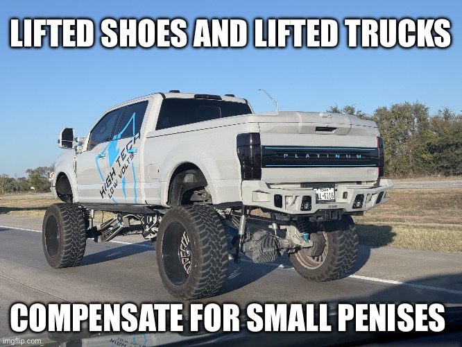 Lifted truck | LIFTED SHOES AND LIFTED TRUCKS COMPENSATE FOR SMALL PENISES | image tagged in lifted truck | made w/ Imgflip meme maker