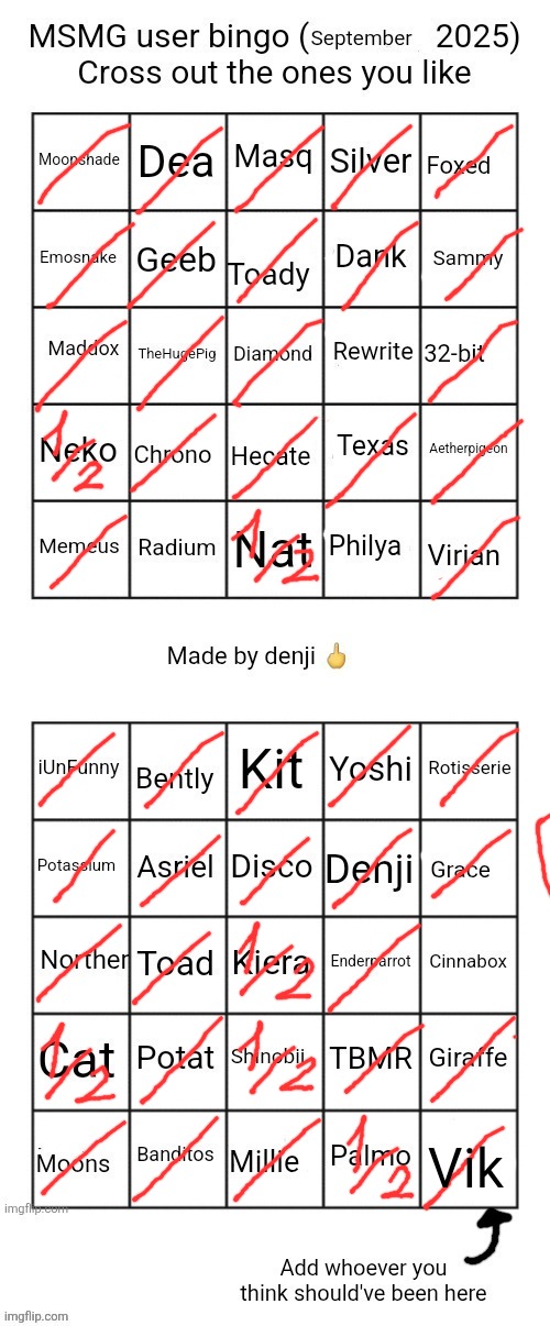MSMG user bingo (September 2025) cross the one you like | Vik | image tagged in msmg user bingo september 2025 cross the one you like | made w/ Imgflip meme maker