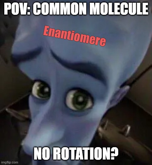 Enentiomere meme | POV: COMMON MOLECULE; Enantiomere; NO ROTATION? | image tagged in megamind no b,chemistry,hard | made w/ Imgflip meme maker