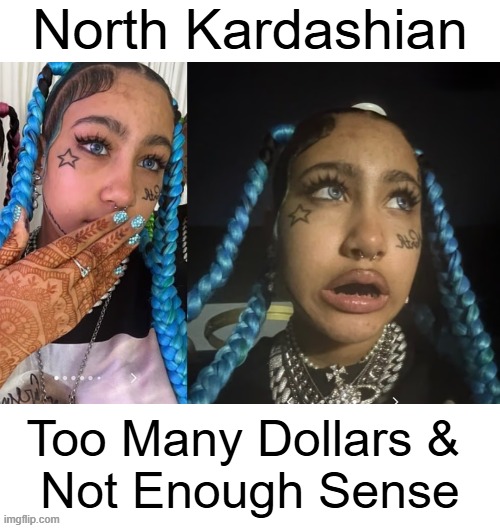 “In Hollywood if you don't have a shrink, people think you're crazy.” ― Johnny Carson | North Kardashian; Too Many Dollars & 
Not Enough Sense | image tagged in yep,liberal vs conservative,values,play on words,cents,common sense | made w/ Imgflip meme maker