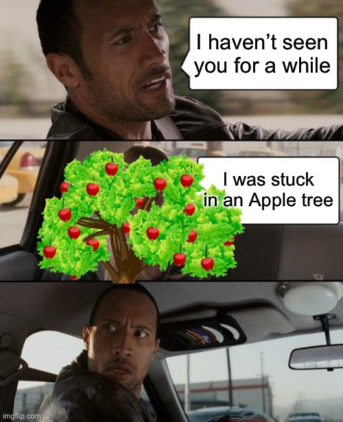 The Rock Driving | I haven’t seen you for a while; I was stuck in an Apple tree | image tagged in memes,the rock driving | made w/ Imgflip meme maker