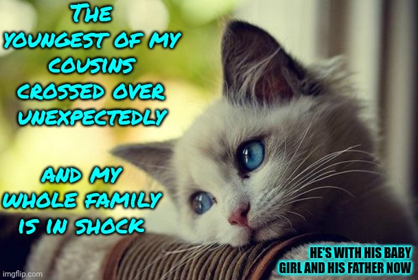 Only The Good Die Young | The youngest of my cousins crossed over unexpectedly; and my whole family is in shock; HE'S WITH HIS BABY GIRL AND HIS FATHER NOW | image tagged in memes,first world problems cat,death,welcome to heaven,see you on the other side,sad | made w/ Imgflip meme maker