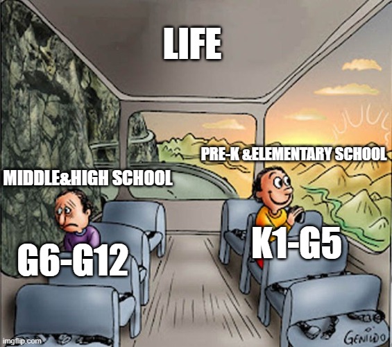 K1-G5 vs G6-G12 | LIFE; PRE-K &ELEMENTARY SCHOOL; MIDDLE&HIGH SCHOOL; K1-G5; G6-G12 | image tagged in bright dark side | made w/ Imgflip meme maker