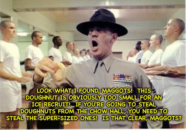 Full Metal Jacket Doughnut | LOOK WHAT I FOUND, MAGGOTS!  THIS DOUGHNUT IS OBVIOUSLY TOO SMALL FOR AN ICE RECRUIT!  IF YOU'RE GOING TO STEAL DOUGHNUTS FROM THE CHOW HALL | image tagged in full metal jacket doughnut | made w/ Imgflip meme maker
