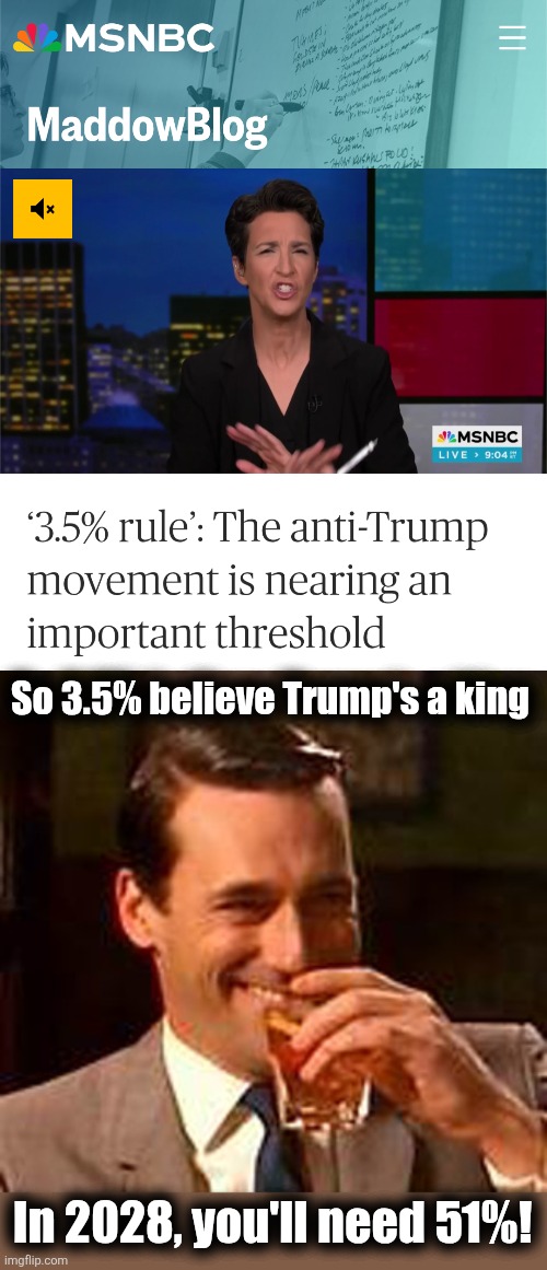 Silly libs | So 3.5% believe Trump's a king; In 2028, you'll need 51%! | image tagged in jon hamm mad men,memes,rachel maddow,democrats,trump derangement syndrome,51 percent | made w/ Imgflip meme maker