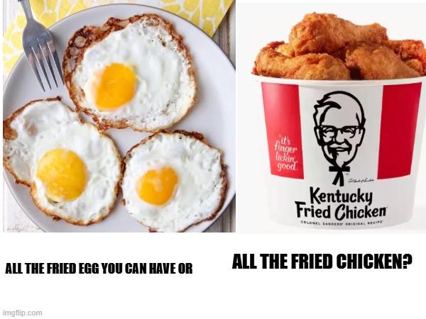 Fried egg in a bucket just sounds nasty if you go with it too much. Fried Chicken all they way | ALL THE FRIED EGG YOU CAN HAVE OR; ALL THE FRIED CHICKEN? | image tagged in msmg,fried egg vs fried chicken | made w/ Imgflip meme maker
