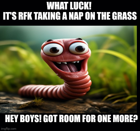 Black background | WHAT LUCK! 
IT'S RFK TAKING A NAP ON THE GRASS HEY BOYS! GOT ROOM FOR ONE MORE? | image tagged in black background | made w/ Imgflip meme maker