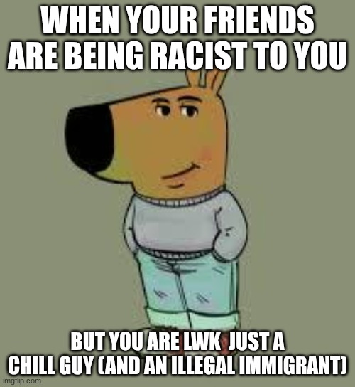 low key just a chill guy | WHEN YOUR FRIENDS ARE BEING RACIST TO YOU; BUT YOU ARE LWK  JUST A CHILL GUY (AND AN ILLEGAL IMMIGRANT) | image tagged in low key just a chill guy | made w/ Imgflip meme maker