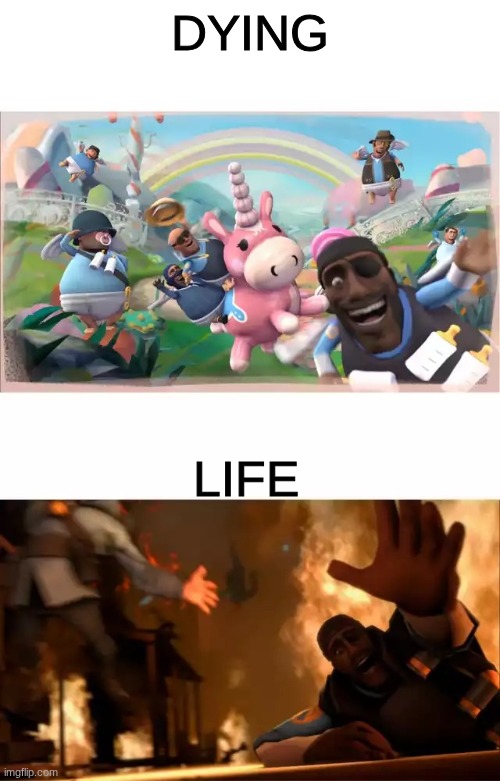 Pyrovision | DYING; LIFE | image tagged in pyrovision | made w/ Imgflip meme maker