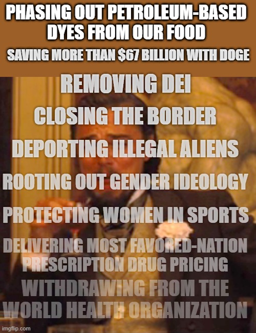 Laughing Leo Meme | PHASING OUT PETROLEUM-BASED DYES FROM OUR FOOD SAVING MORE THAN $67 BILLION WITH DOGE REMOVING DEI CLOSING THE BORDER DEPORTING ILLEGAL ALIE | image tagged in memes,laughing leo | made w/ Imgflip meme maker