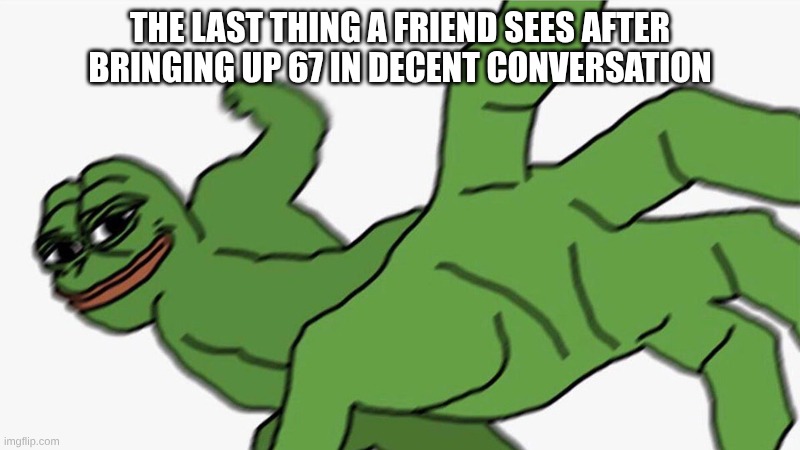 67 at its worst | THE LAST THING A FRIEND SEES AFTER BRINGING UP 67 IN DECENT CONVERSATION | image tagged in pepe punch frog | made w/ Imgflip meme maker