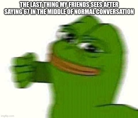 Pepe the frog punching | THE LAST THING MY FRIENDS SEES AFTER SAYING 67 IN THE MIDDLE OF NORMAL CONVERSATION | image tagged in pepe the frog punching | made w/ Imgflip meme maker