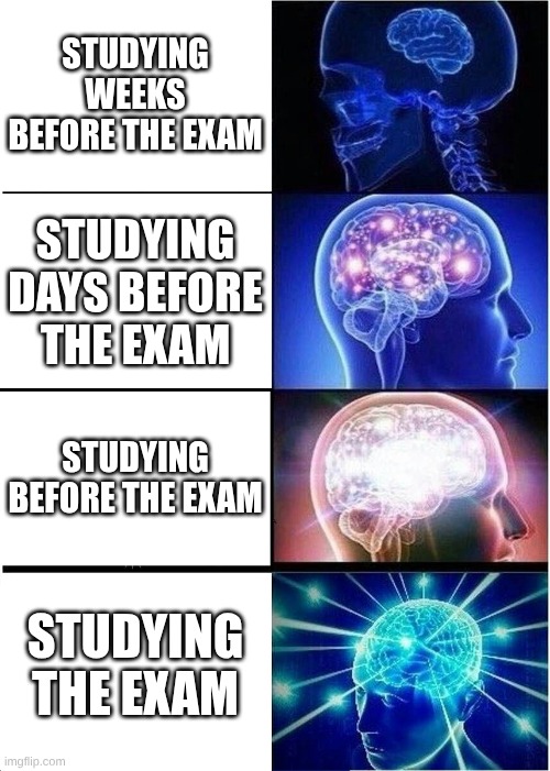 big brain moment | STUDYING WEEKS BEFORE THE EXAM; STUDYING DAYS BEFORE THE EXAM; STUDYING BEFORE THE EXAM; STUDYING THE EXAM | image tagged in memes,expanding brain,smart | made w/ Imgflip meme maker