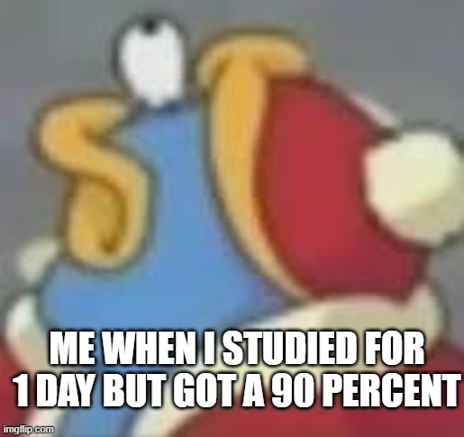 Dedede lookin up | ME WHEN I STUDIED FOR 1 DAY BUT GOT A 90 PERCENT | image tagged in dedede lookin up | made w/ Imgflip meme maker