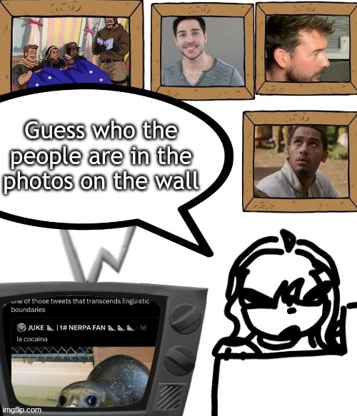 TV temp | Guess who the people are in the photos on the wall | image tagged in tv temp | made w/ Imgflip meme maker