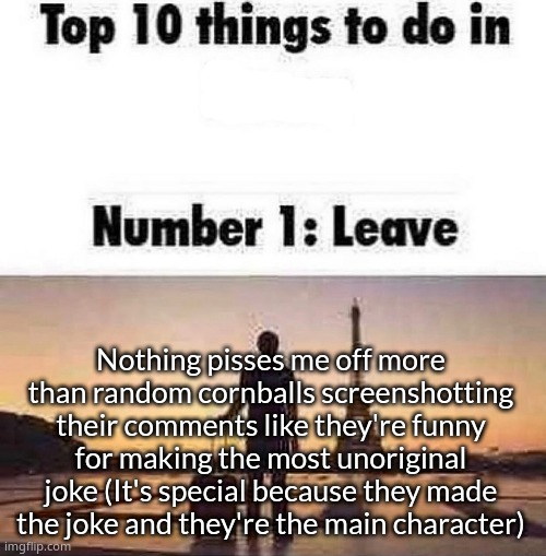 Top 10 things to do in blank | Nothing pisses me off more than random cornballs screenshotting their comments like they're funny for making the most unoriginal joke (It's special because they made the joke and they're the main character) | image tagged in top 10 things to do in blank | made w/ Imgflip meme maker