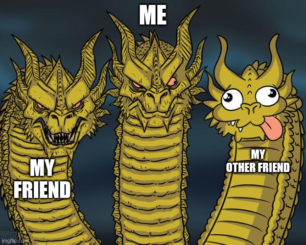 Three-headed Dragon | ME; MY OTHER FRIEND; MY FRIEND | image tagged in three-headed dragon | made w/ Imgflip meme maker