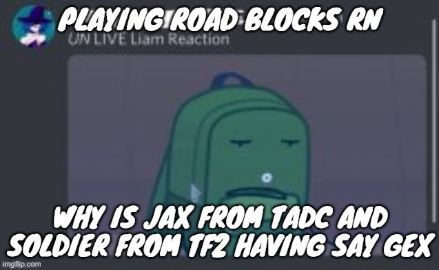 PLAYING ROAD BLOCKS RN; WHY IS JAX FROM TADC AND SOLDIER FROM TF2 HAVING SAY GEX | made w/ Imgflip meme maker