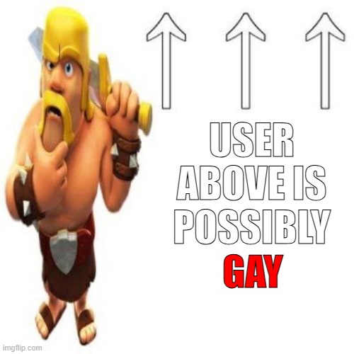 . | USER ABOVE IS POSSIBLY; GAY | image tagged in clash of clans barbarian pointing at the user above | made w/ Imgflip meme maker