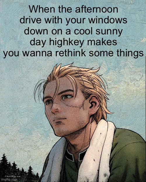 . | When the afternoon drive with your windows down on a cool sunny day highkey makes you wanna rethink some things | image tagged in vinland saga thorfinn smiling | made w/ Imgflip meme maker