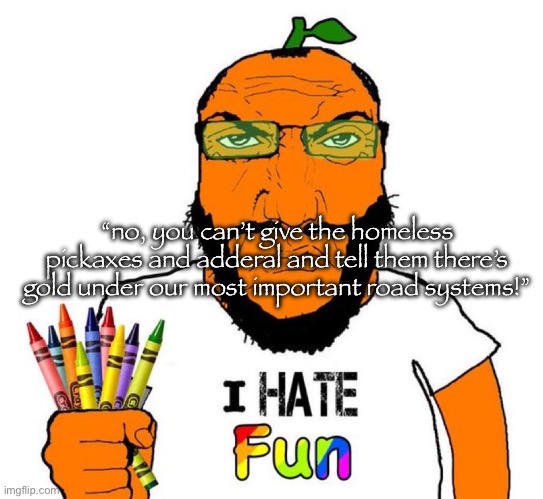 I hate fun | “no, you can’t give the homeless pickaxes and adderal and tell them there’s gold under our most important road systems!” | image tagged in i hate fun | made w/ Imgflip meme maker