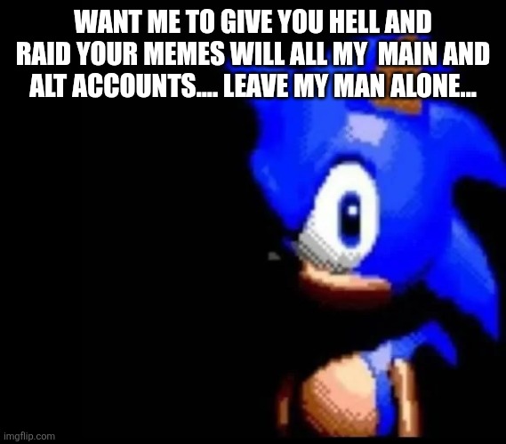 Sonic is PISSED | WANT ME TO GIVE YOU HELL AND RAID YOUR MEMES WILL ALL MY  MAIN AND ALT ACCOUNTS.... LEAVE MY MAN ALONE... | image tagged in sonic is pissed | made w/ Imgflip meme maker