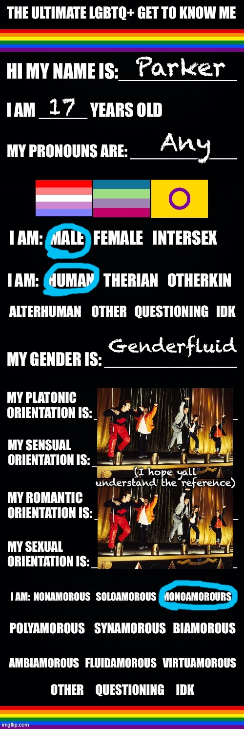 The ultimate LGBTQ+ get to know me | Parker; 17; Any; Genderfluid; (I hope yall understand the reference) | image tagged in the ultimate lgbtq get to know me | made w/ Imgflip meme maker