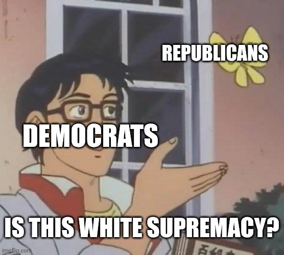 Question: Is this white supremacy? Answer: No. It is not. | REPUBLICANS; DEMOCRATS; IS THIS WHITE SUPREMACY? | image tagged in memes,is this a pigeon | made w/ Imgflip meme maker