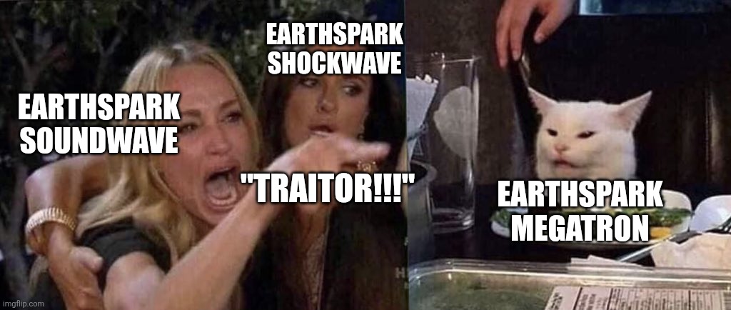 I like TF earthspark. Deal with it. | EARTHSPARK SHOCKWAVE; EARTHSPARK SOUNDWAVE; EARTHSPARK MEGATRON; "TRAITOR!!!" | image tagged in woman yelling at cat | made w/ Imgflip meme maker