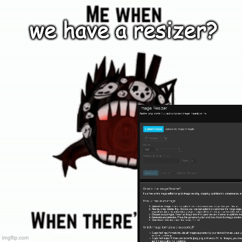 Me when | we have a resizer? | image tagged in me when | made w/ Imgflip meme maker