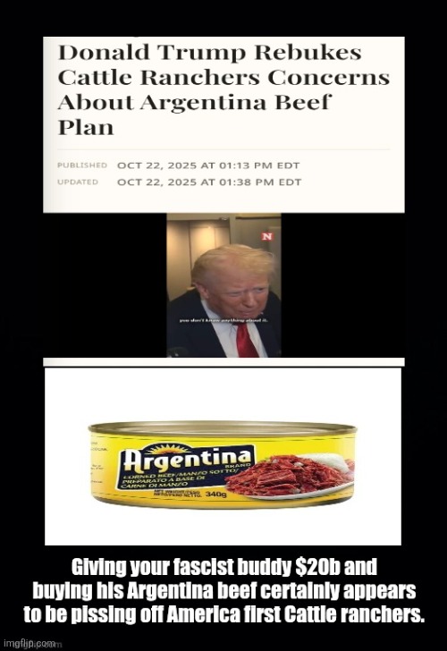First it was the Soybean farmers now Cattle ranchers. America first? Remember, you voted for this. | image tagged in trump,likes argentina,more than maga farmers,you voted for this,trump doesn't care about you | made w/ Imgflip meme maker