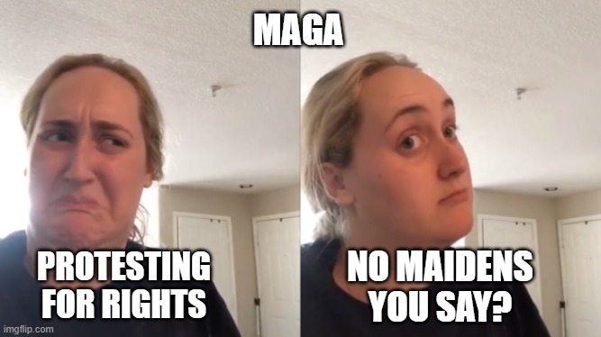 Good Bad | NO MAIDENS YOU SAY? PROTESTING FOR RIGHTS MAGA | image tagged in good bad | made w/ Imgflip meme maker