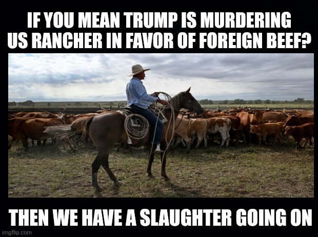Black background | IF YOU MEAN TRUMP IS MURDERING US RANCHER IN FAVOR OF FOREIGN BEEF? THEN WE HAVE A SLAUGHTER GOING ON | image tagged in black background | made w/ Imgflip meme maker