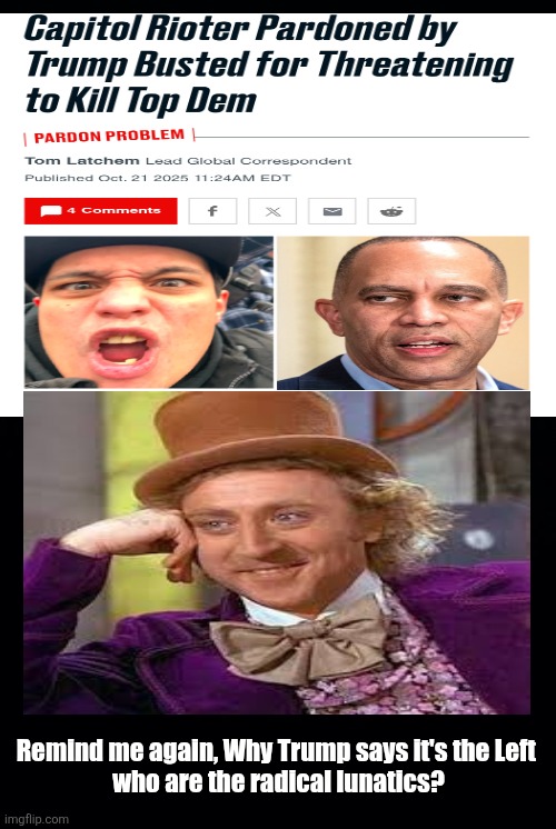 Sorry, Donald. Everyone knows who the crazies are. | Remind me again, Why Trump says it's the Left 
who are the radical lunatics? | image tagged in trump terrorists,pardoned jan 6th,maga crazies,armed and dangerous,not the left | made w/ Imgflip meme maker