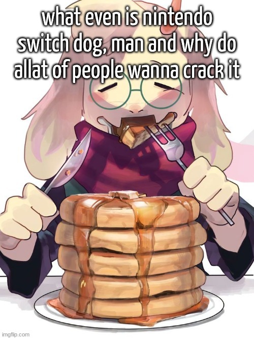 pancake | what even is nintendo switch dog, man and why do allat of people wanna crack it | image tagged in pancake | made w/ Imgflip meme maker