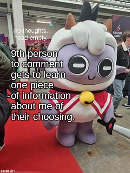 no thoughts. head empty. | 9th person to comment gets to learn one piece of information about me of their choosing. | image tagged in no thoughts head empty | made w/ Imgflip meme maker