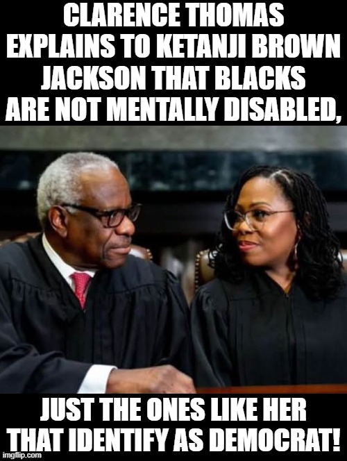 Just the ones like you that identify as Democrat!!! | CLARENCE THOMAS EXPLAINS TO KETANJI BROWN JACKSON THAT BLACKS ARE NOT MENTALLY DISABLED, JUST THE ONES LIKE HER THAT IDENTIFY AS DEMOCRAT! | image tagged in sam elliott special kind of stupid | made w/ Imgflip meme maker