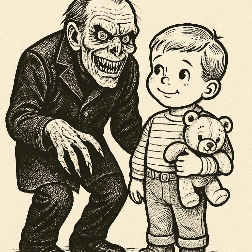 a scary guy next to a little cute guy holding a plush Blank Meme Template