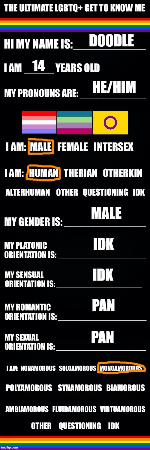 bleh | DOODLE; 14; HE/HIM; MALE; IDK; IDK; PAN; PAN | image tagged in the ultimate lgbtq get to know me | made w/ Imgflip meme maker