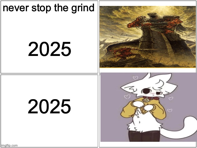 Blank Comic Panel 2x2 Meme | never stop the grind; 2025; 2025 | image tagged in memes,blank comic panel 2x2 | made w/ Imgflip meme maker