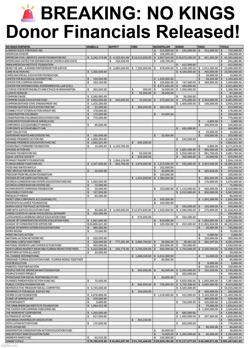 Breaking: No Kings Donor Financials Released! | image tagged in no kings,donors,billionaires,liberal hypocrisy,retarded liberal protesters,stupid liberals | made w/ Imgflip meme maker